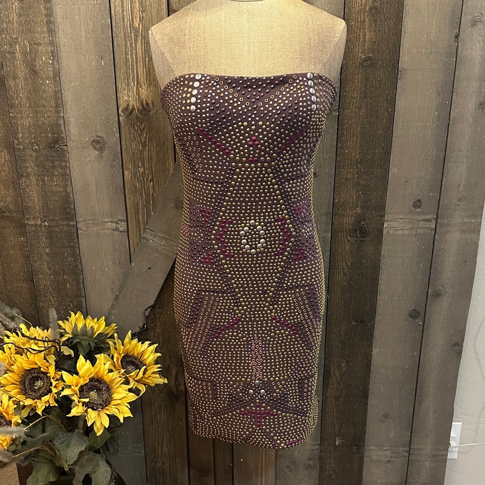 Jovani Strapless Mini Dress in Burgundy with Gold and Pink Studs